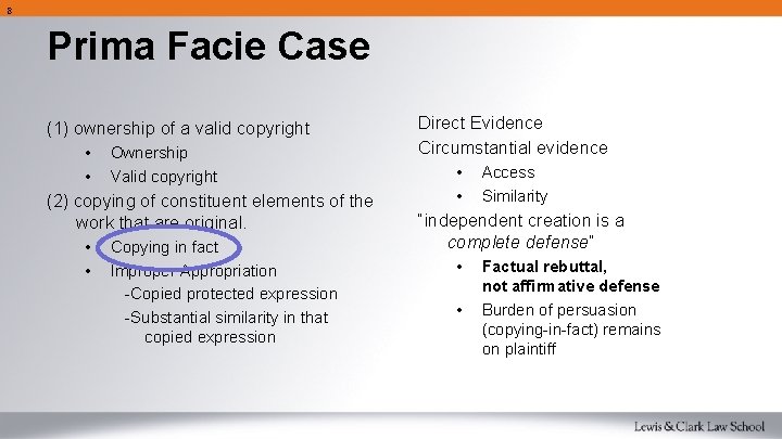 8 Prima Facie Case (1) ownership of a valid copyright • • Ownership Valid