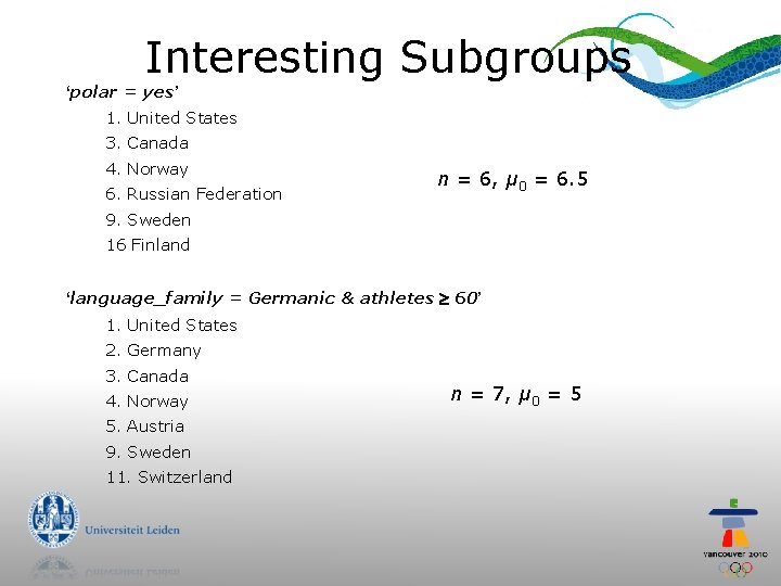 Interesting Subgroups ‘polar = yes’ 1. United States 3. Canada 4. Norway 6. Russian