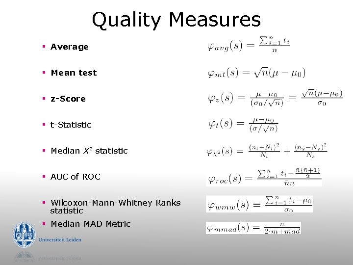 Quality Measures § Average § Mean test § z-Score § t-Statistic § Median X