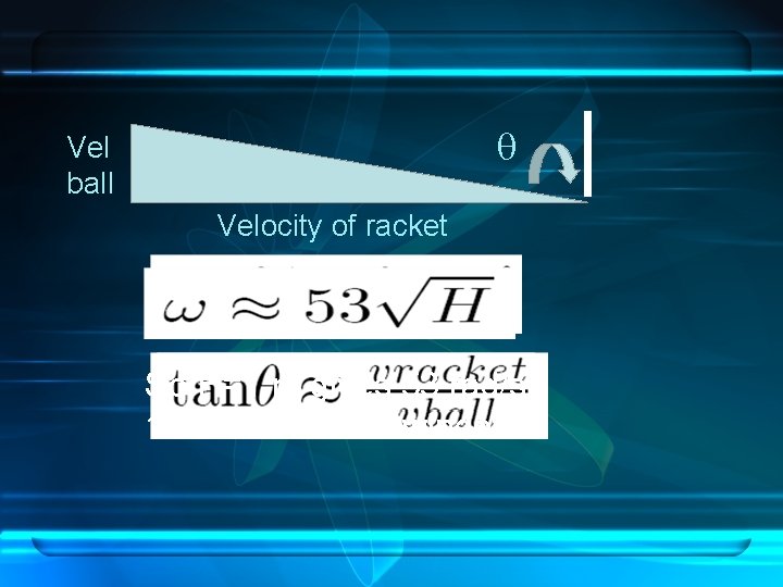 q Vel ball Velocity of racket So H=1 m gives 53 rad/s, 15% increase
