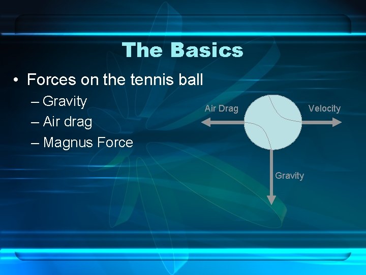 The Basics • Forces on the tennis ball – Gravity – Air drag –