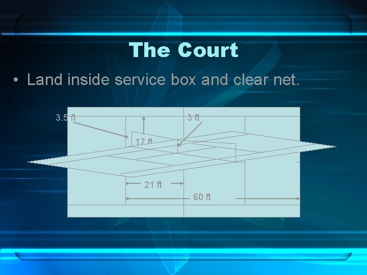 The Court • Land inside service box and clear net. 3. 5 ft 3