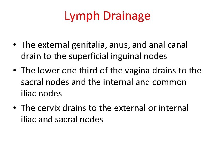 Lymph Drainage • The external genitalia, anus, and anal canal drain to the superficial
