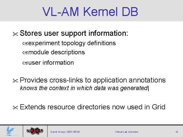 VL-AM Kernel DB " Stores user support information: experiment topology definitions module descriptions user
