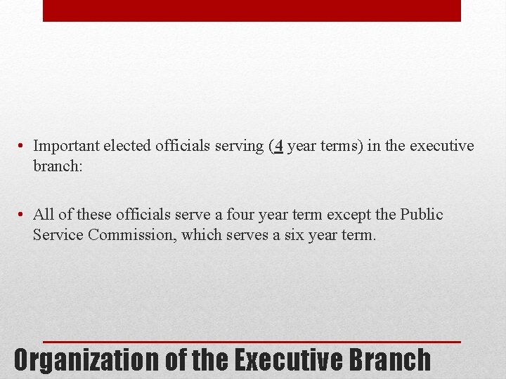  • Important elected officials serving (4 year terms) in the executive branch: •