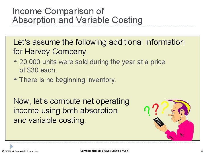 Income Comparison of Absorption and Variable Costing Let’s assume the following additional information for