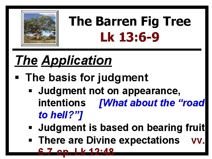 The Barren Fig Tree Lk 13: 6 -9 The Application § The basis for