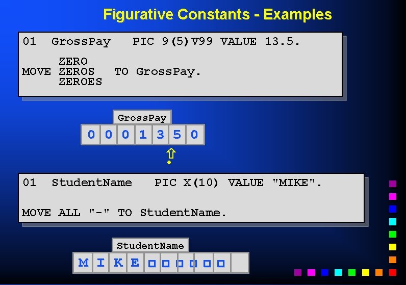 Figurative Constants - Examples 01 Gross. Pay PIC 9(5)V 99 VALUE 13. 5. ZERO