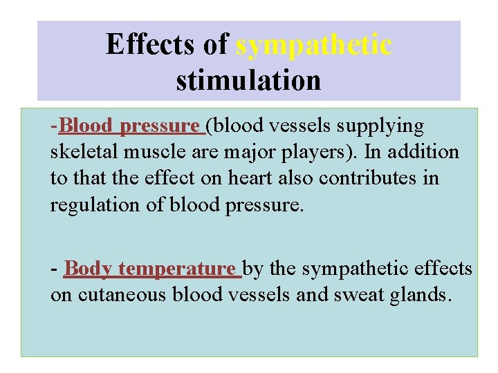 Effects of sympathetic stimulation -Blood pressure (blood vessels supplying skeletal muscle are major players).