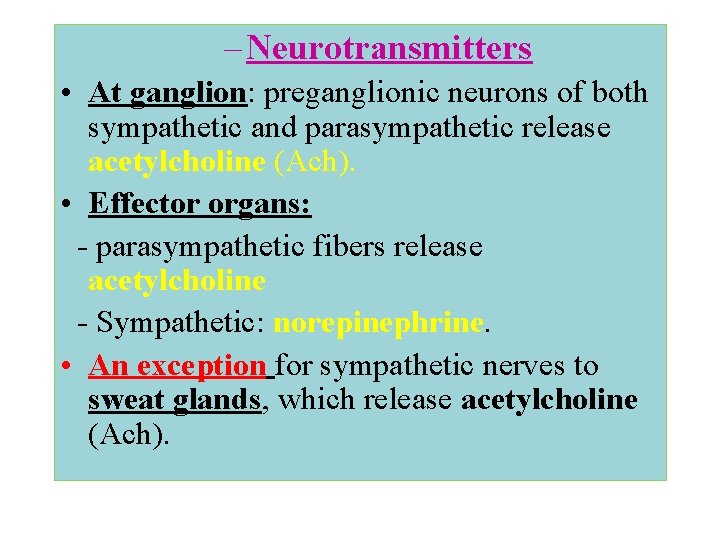 – Neurotransmitters • At ganglion: preganglionic neurons of both sympathetic and parasympathetic release acetylcholine