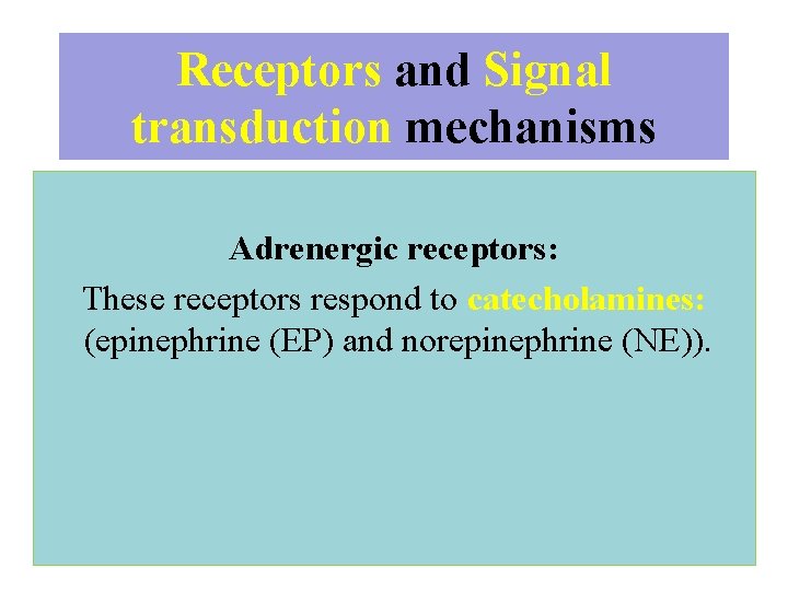 Receptors and Signal transduction mechanisms Adrenergic receptors: These receptors respond to catecholamines: (epinephrine (EP)