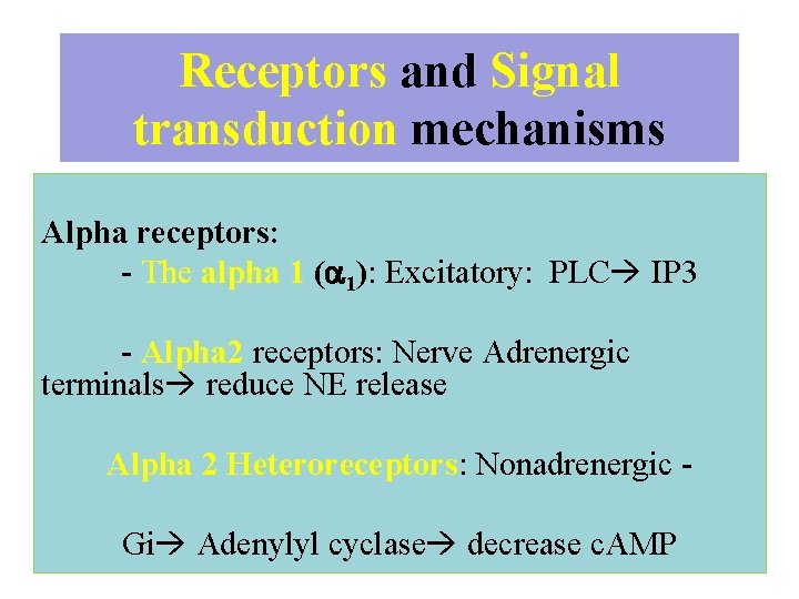 Receptors and Signal transduction mechanisms Alpha receptors: - The alpha 1 ( 1): Excitatory: