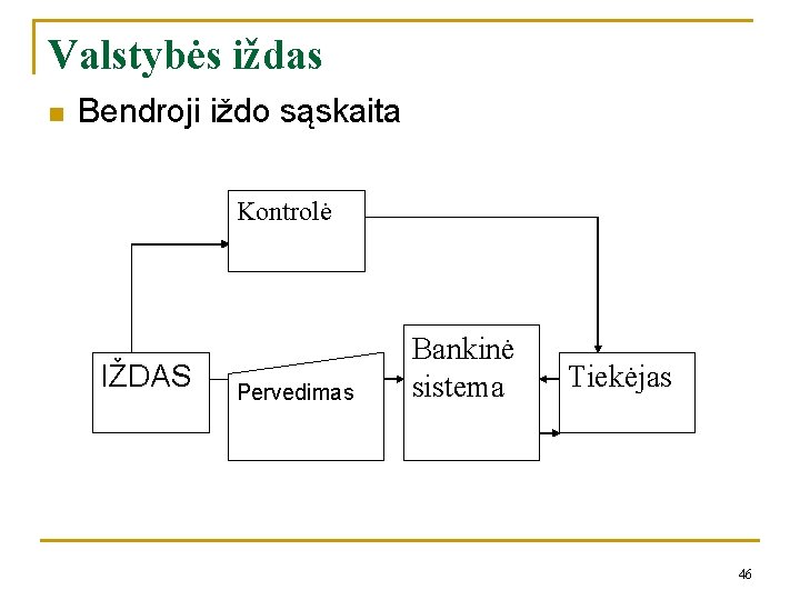 Valstybės iždas n Bendroji iždo sąskaita Kontrolė IŽDAS Pervedimas Bankinė sistema Tiekėjas 46 