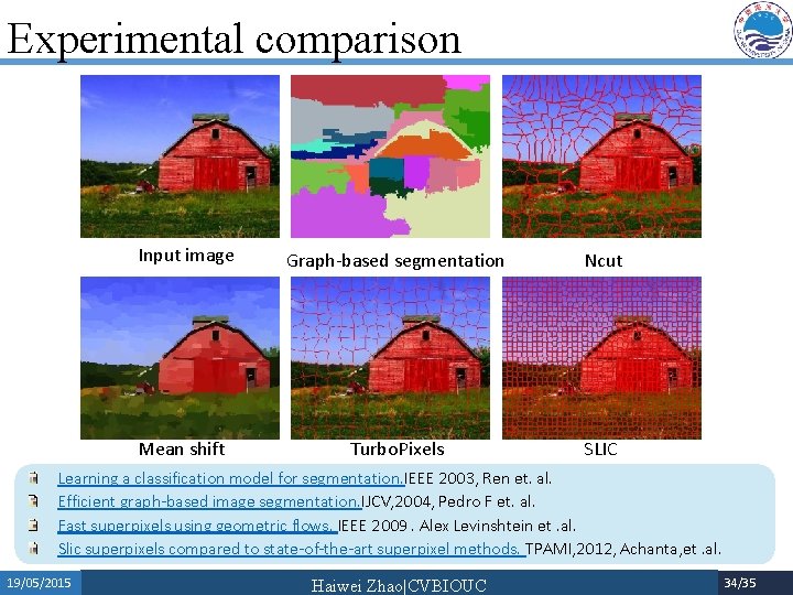 Experimental comparison Input image Graph-based segmentation Ncut Mean shift Turbo. Pixels SLIC Learning a