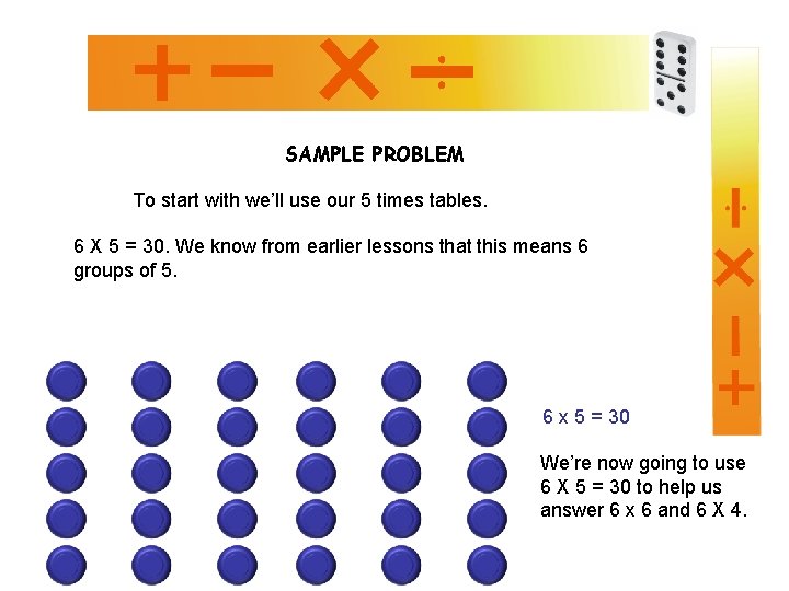 SAMPLE PROBLEM To start with we’ll use our 5 times tables. 6 X 5