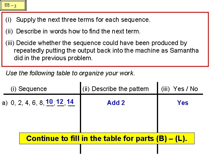 BB – 3 (i) Supply the next three terms for each sequence. (ii) Describe