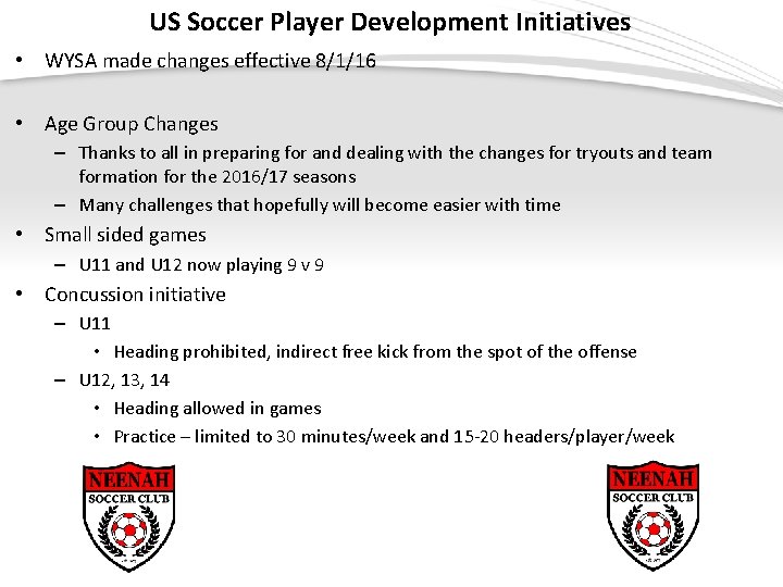 US Soccer Player Development Initiatives • WYSA made changes effective 8/1/16 • Age Group