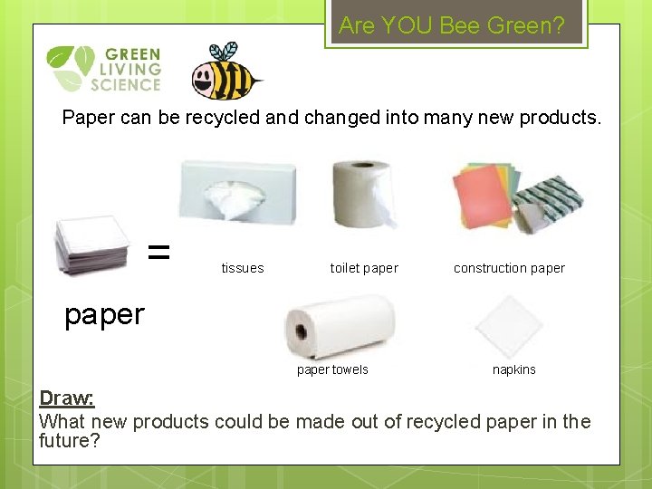 Are YOU Bee Green? Paper can be recycled and changed into many new products.