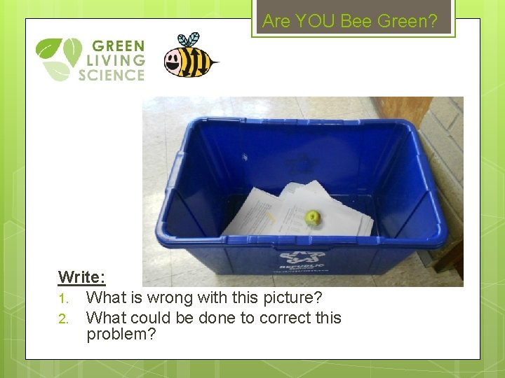 Are YOU Bee Green? Write: 1. What is wrong with this picture? 2. What