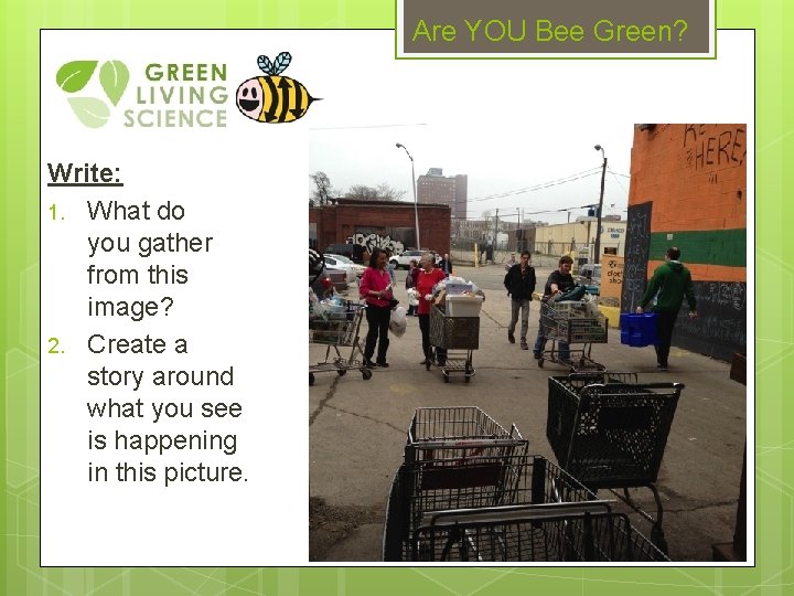 Are YOU Bee Green? Write: 1. What do you gather from this image? 2.