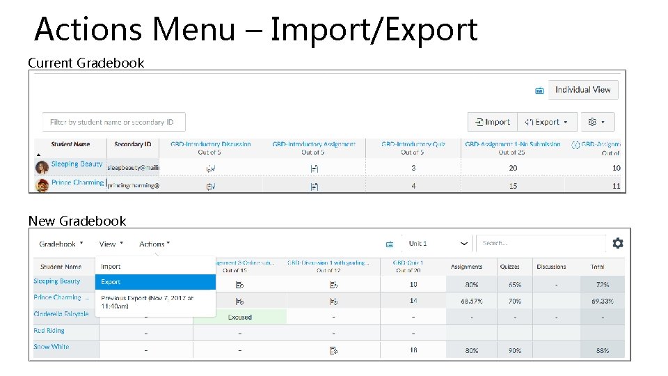 Actions Menu – Import/Export Current Gradebook New Gradebook 