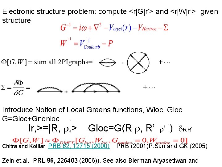 Electronic structure problem: compute <r|G|r’> and <r|W|r’> given structure Introduce Notion of Local Greens