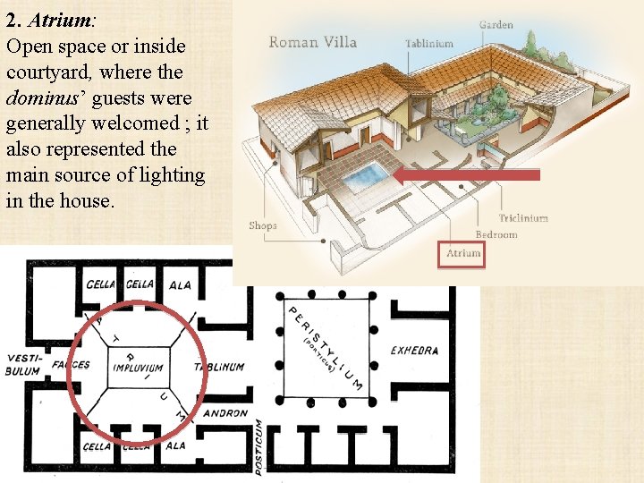 2. Atrium: Open space or inside courtyard, where the dominus’ guests were generally welcomed