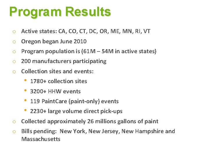 Program Results o Active states: CA, CO, CT, DC, OR, ME, MN, RI, VT