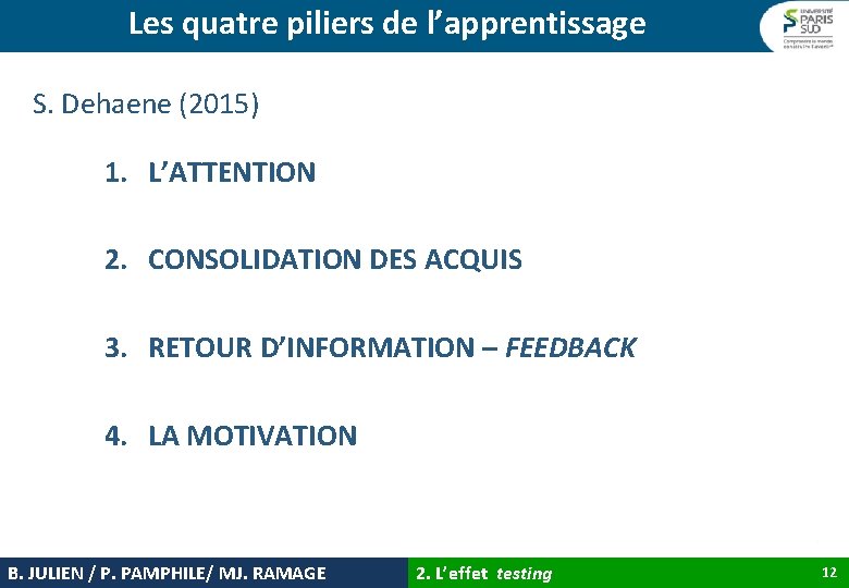 Les quatre piliers de l’apprentissage S. Dehaene (2015) 1. L’ATTENTION 2. CONSOLIDATION DES ACQUIS