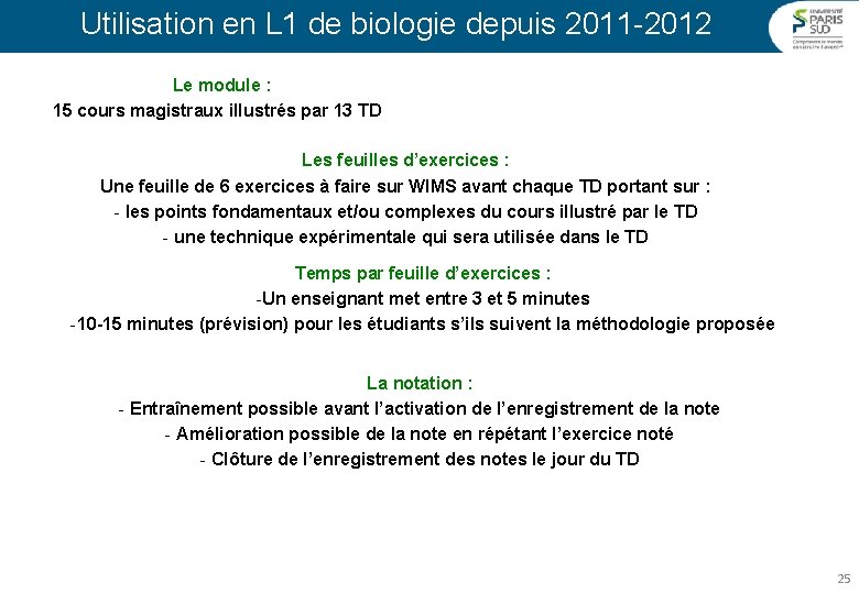 Utilisation en L 1 de biologie depuis 2011 -2012 Le module : 15 cours