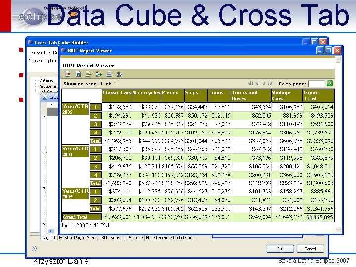 Data Cube & Cross Tab ▪ Dane są reprezentowane w postaci macierzy ▪ Baza