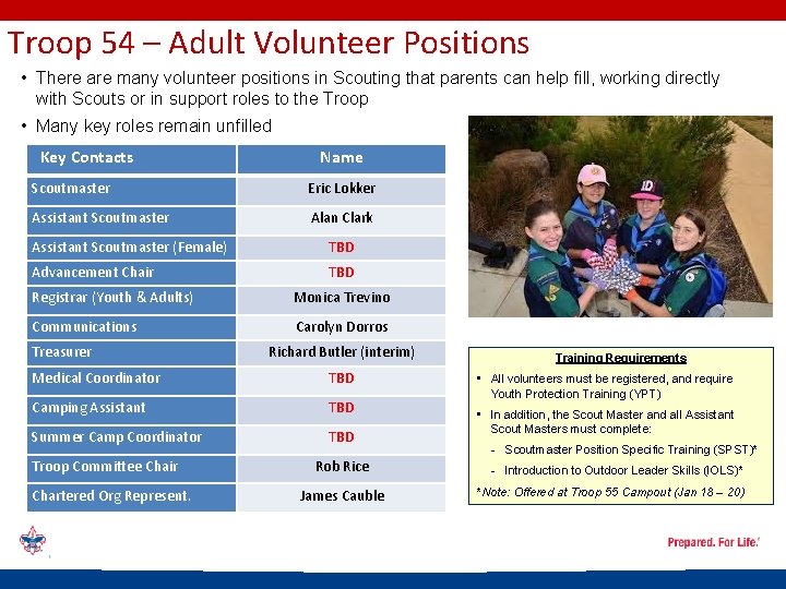 Troop 54 – Adult Volunteer Positions • There are many volunteer positions in Scouting