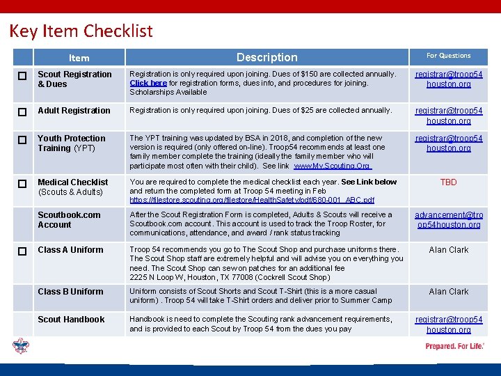 Key Item Checklist Item Description For Questions Scout Registration & Dues Registration is only