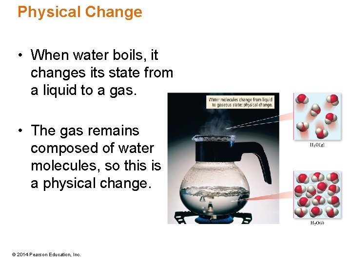 Physical Change • When water boils, it changes its state from a liquid to