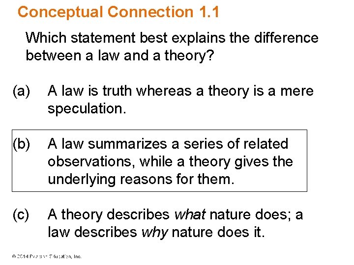 Conceptual Connection 1. 1 Which statement best explains the difference between a law and