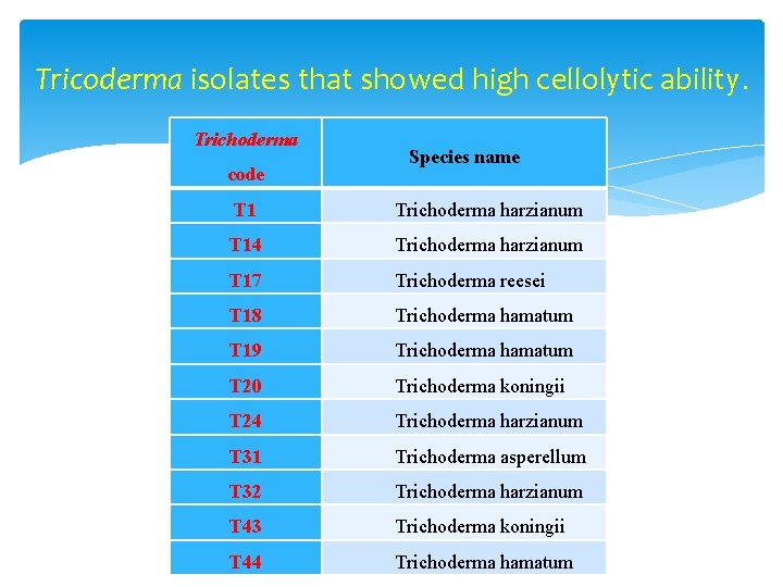 Tricoderma isolates that showed high cellolytic ability. Trichoderma code Species name T 1 Trichoderma