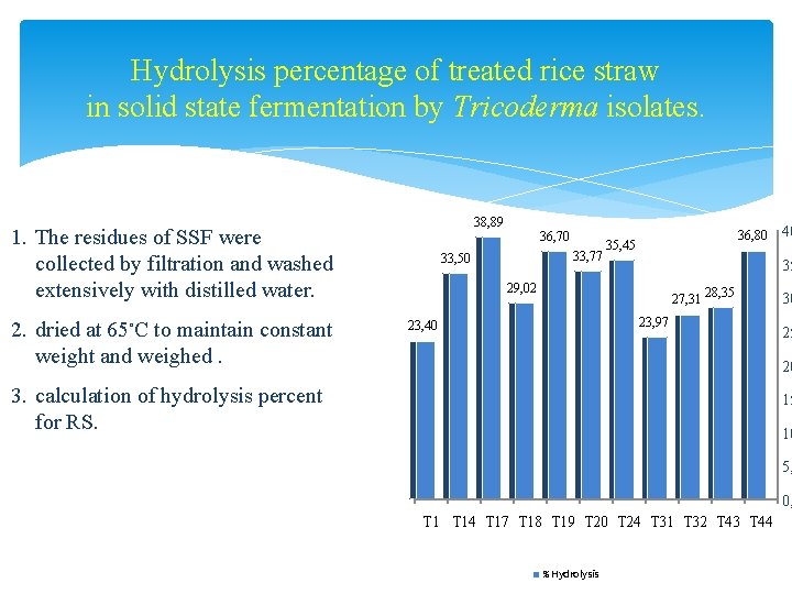 Hydrolysis percentage of treated rice straw in solid state fermentation by Tricoderma isolates. 38,