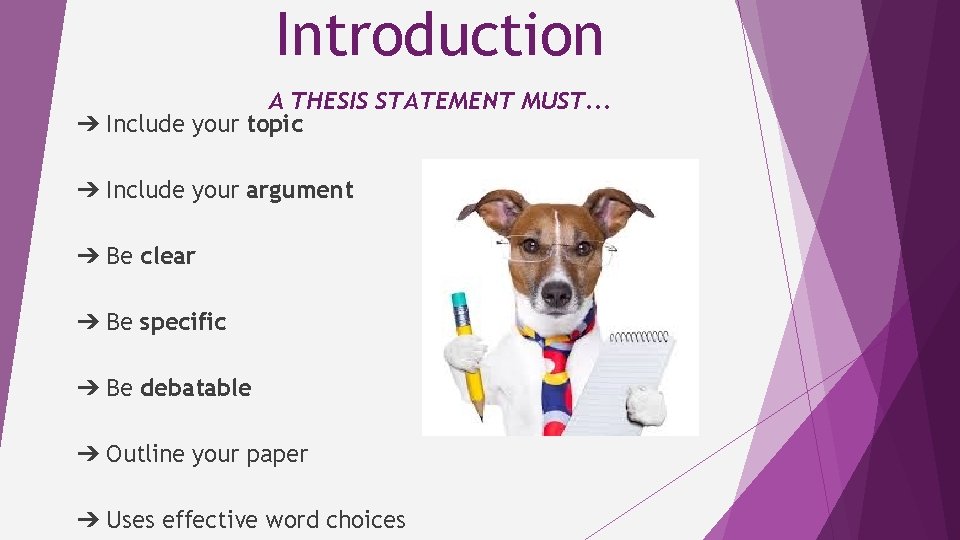 Introduction A THESIS STATEMENT MUST. . . ➔ Include your topic ➔ Include your