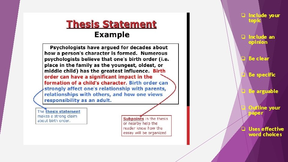 ❏ Include your topic ❏ Include an opinion ❏ Be clear ❏ Be specific