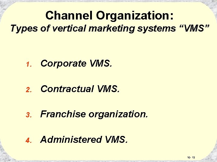 Channel Organization: Types of vertical marketing systems “VMS” 1. Corporate VMS. 2. Contractual VMS.