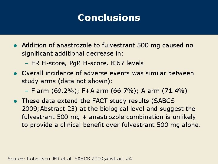 Conclusions l Addition of anastrozole to fulvestrant 500 mg caused no significant additional decrease