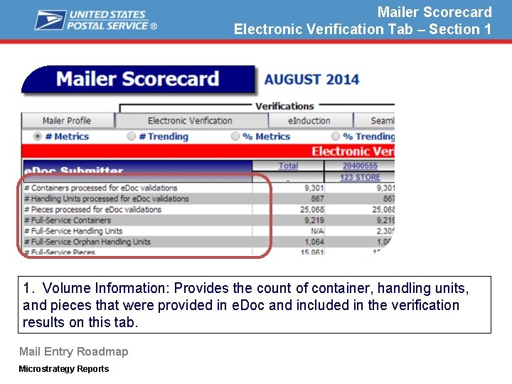 Mailer Scorecard Electronic Verification Tab – Section 1 1. Volume Information: Provides the count