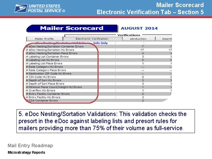 Mailer Scorecard Electronic Verification Tab – Section 5 5. e. Doc Nesting/Sortation Validations: This