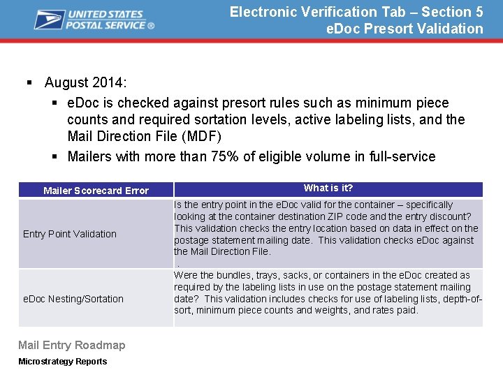 Electronic Verification Tab – Section 5 e. Doc Presort Validation § August 2014: §