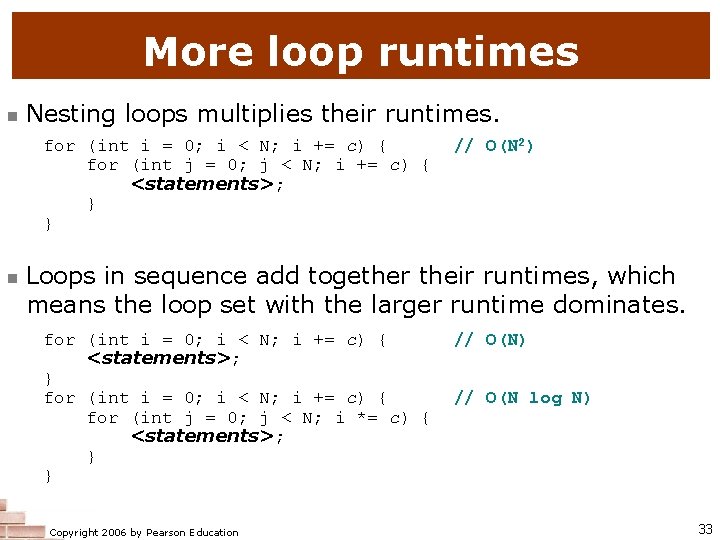More loop runtimes n Nesting loops multiplies their runtimes. for (int i = 0; More loop runtimes n Nesting loops multiplies their runtimes. for (int i = 0;
