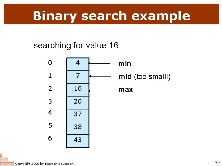Binary search example searching for value 16 0 4 min 1 7 mid (too Binary search example searching for value 16 0 4 min 1 7 mid (too