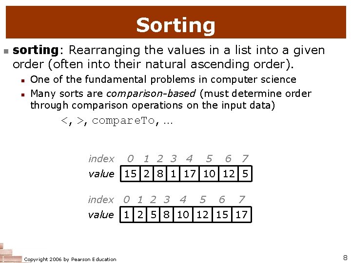 Sorting n sorting: Rearranging the values in a list into a given order (often Sorting n sorting: Rearranging the values in a list into a given order (often