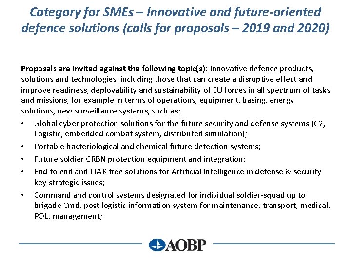 Category for SMEs – Innovative and future-oriented defence solutions (calls for proposals – 2019