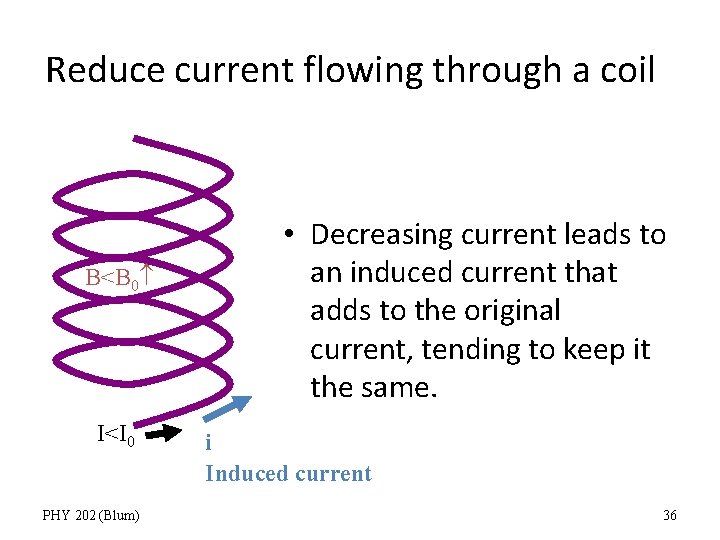 Reduce current flowing through a coil B<B 0 I<I 0 PHY 202 (Blum) •