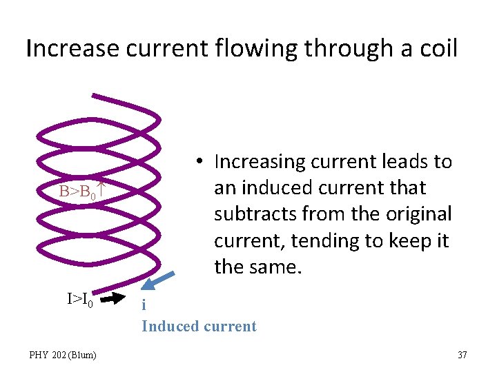 Increase current flowing through a coil B>B 0 I>I 0 PHY 202 (Blum) •